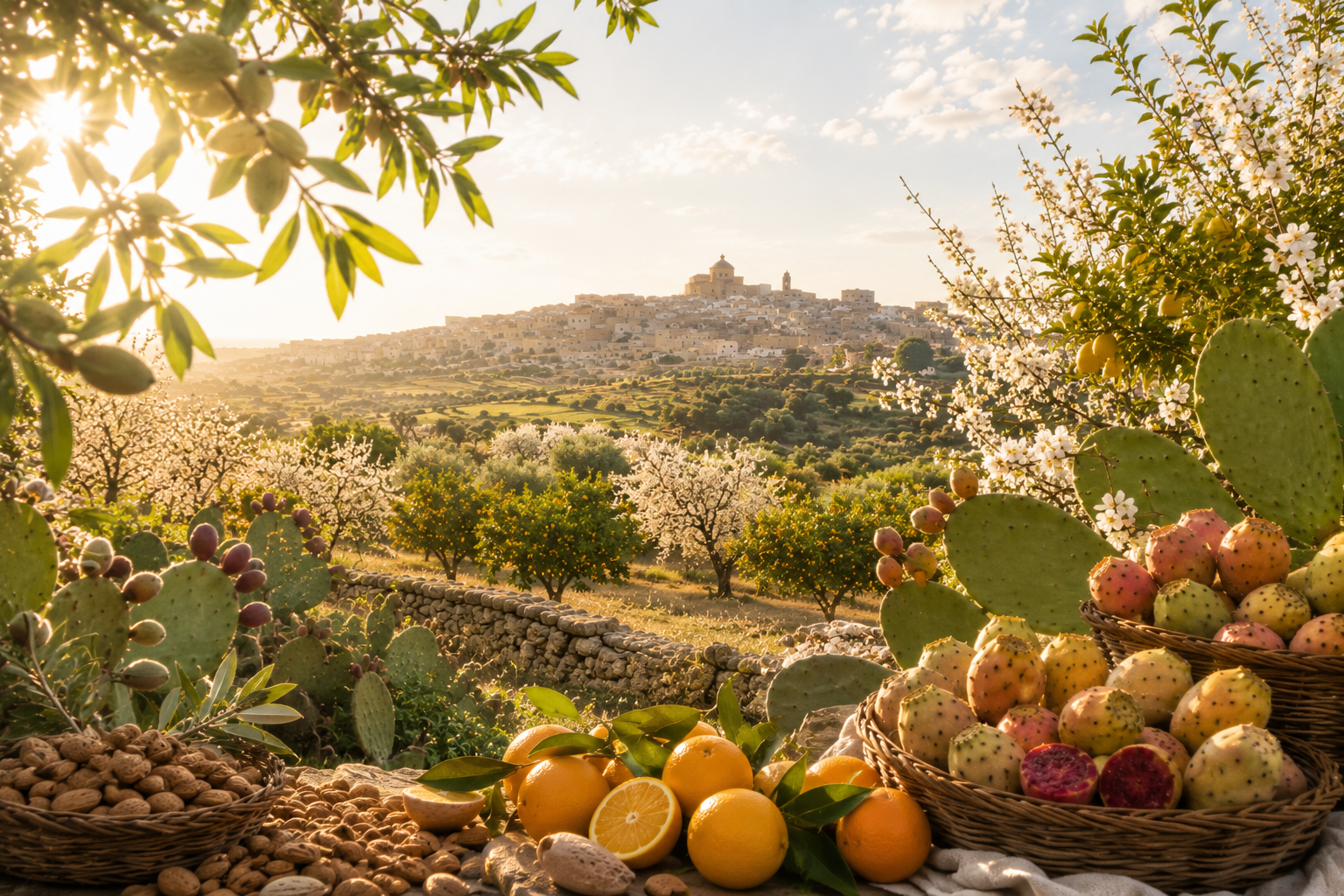 Campagne siciliane, agrumeti e mandorleti al tramonto